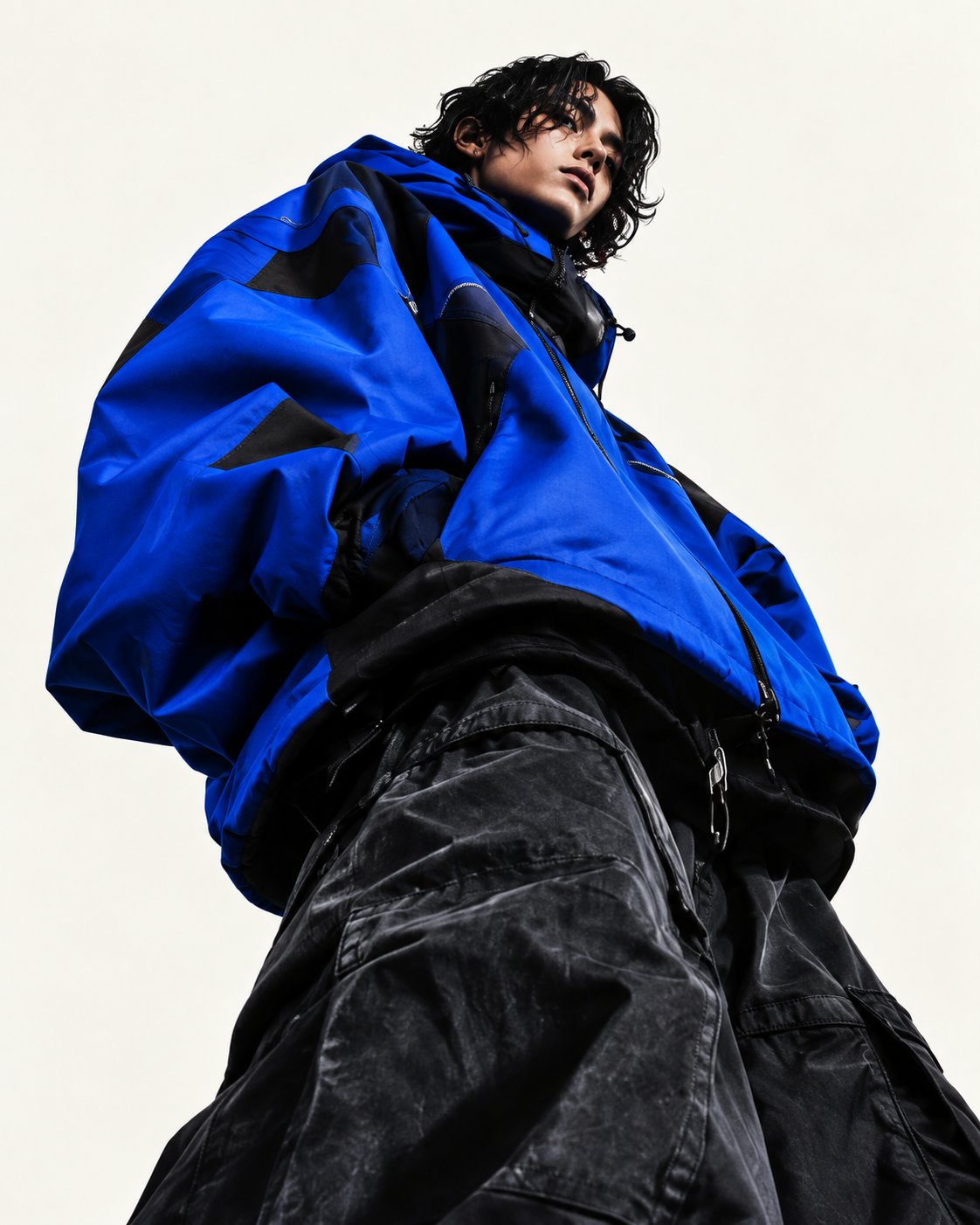 Model in a cobalt NEXOWAVE shell jacket and black cargo, shot from below against a paper-white sky